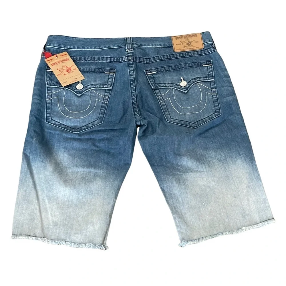 True Religion Men's Cut-Off Jean Shorts w/ Flaps & Rips in Moving Indigo size 38